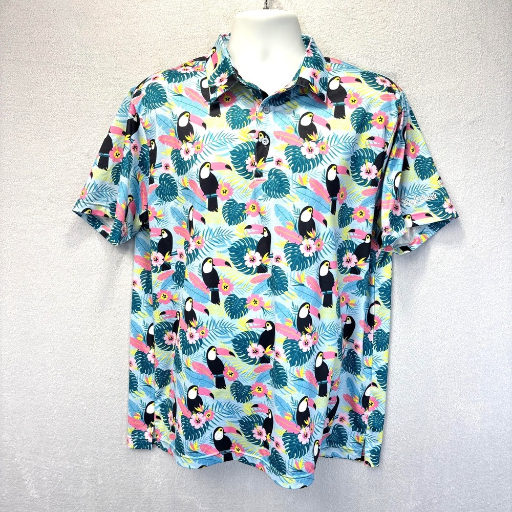 Golf Gods Australia Toucan Tropical Golf Polo Shirt Mens Large Loud Colorful Fun